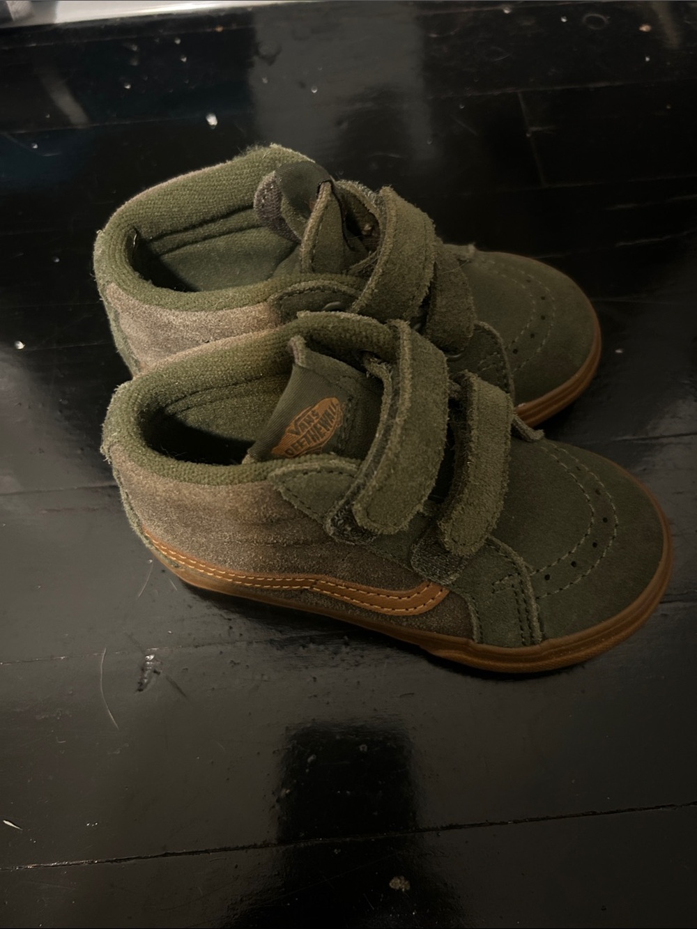 Vans Kids Olive Green High-Top Velcro Sneakers with Brown Trim